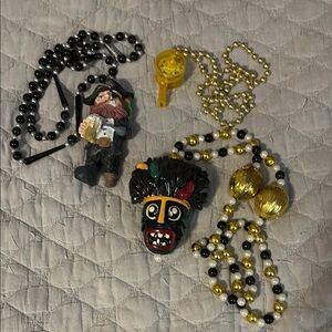 Mardi Gras Colorful Beaded Necklaces (3) with Pirate, Mask & whistle Pendants